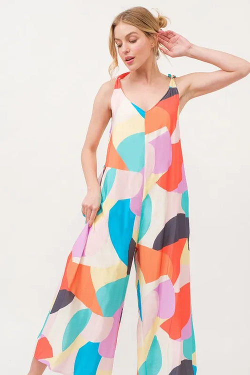 And The Why Tied Shoulder Straps Wide-Leg Geo Print Jumpsuit | Lola Mariee