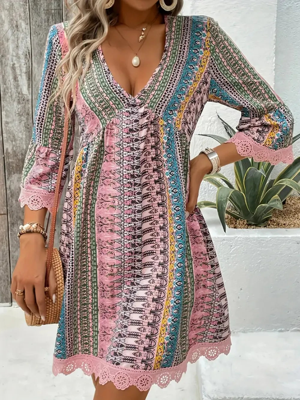 Lace Trim Printed V-Neck 3/4 Sleeve Dress – view 6 | Lola Mariee
