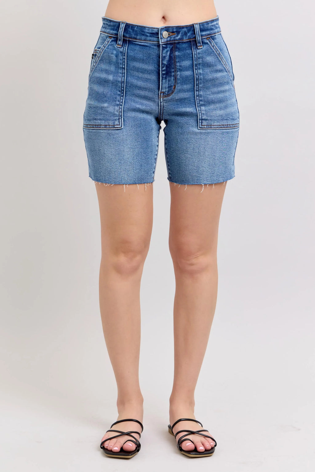 Judy Blue Full Size Mid Rise Bermudas Denim Shorts W/ Back Flap Pockets Plus Size - women's bottoms at Lola Mariee boutique