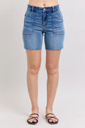 Judy Blue Full Size Mid Rise Bermudas Denim Shorts W/ Back Flap Pockets Plus Size - women's bottoms at Lola Mariee boutique
