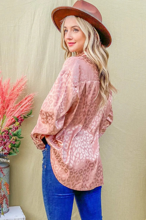 And The Why Satin Leopard Button Up Curved Hem Shirt – view 2 | Lola Mariee