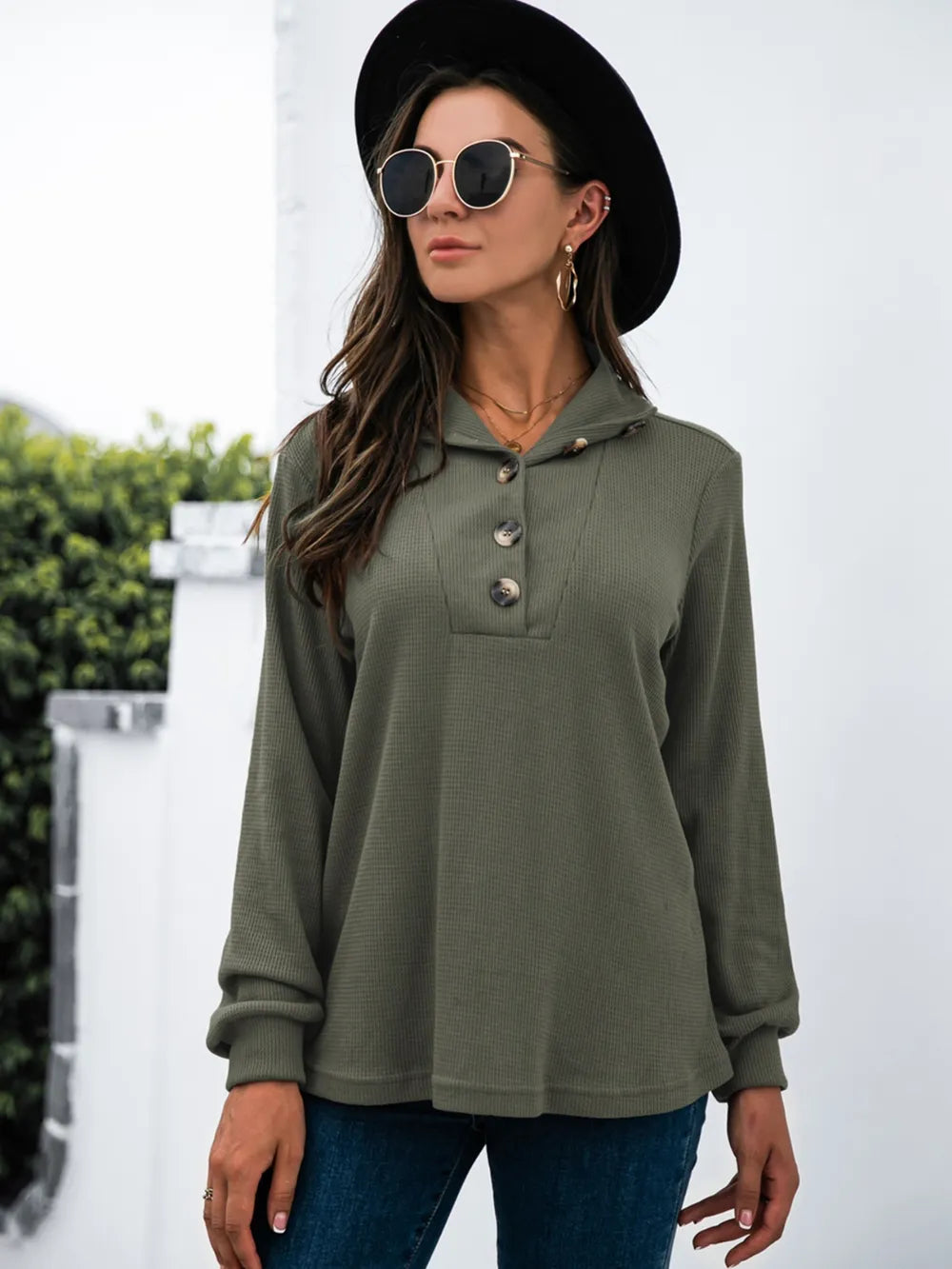 Half Button Long Sleeve T-Shirt - Trendsi | Lola Mariee