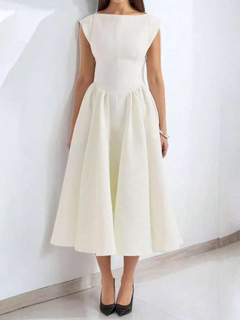 Cap Sleeve A-Line Midi Dress – view 3 | Lola Mariee