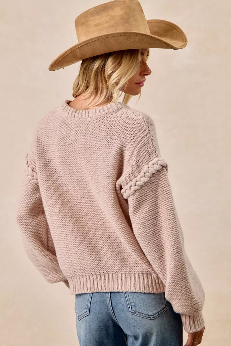 BiBi Cable Knit Sweater with Shoulder Braid Detail - Trendsi | Lola Mariee