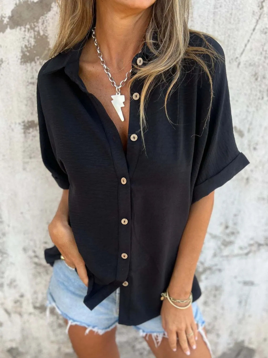 Full Size Collared Neck Half Sleeve Shirt Plus Size – view 10 | Lola Mariee