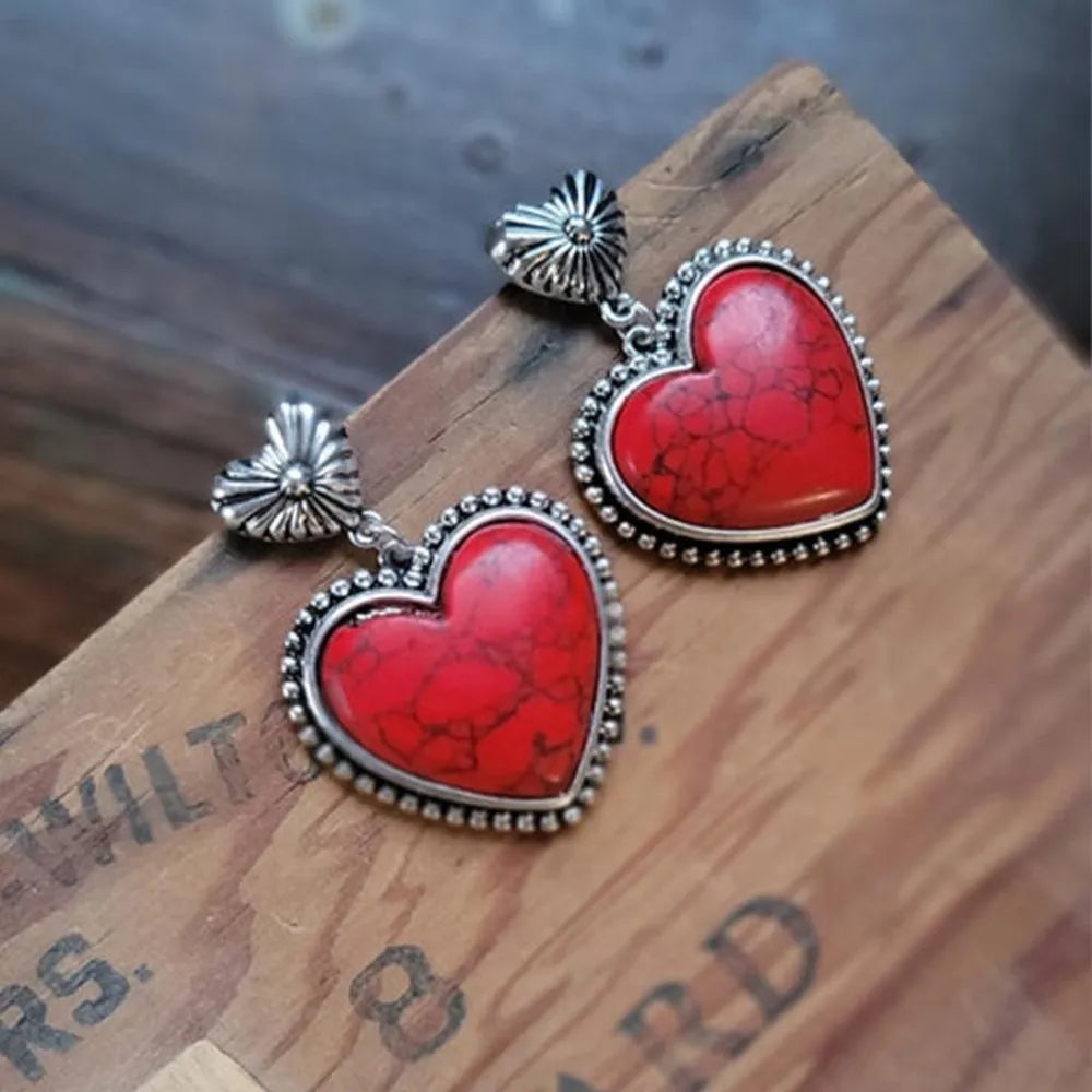 Artificial Turquoise Alloy Heart Dangle Earrings – view 3 | Lola Mariee