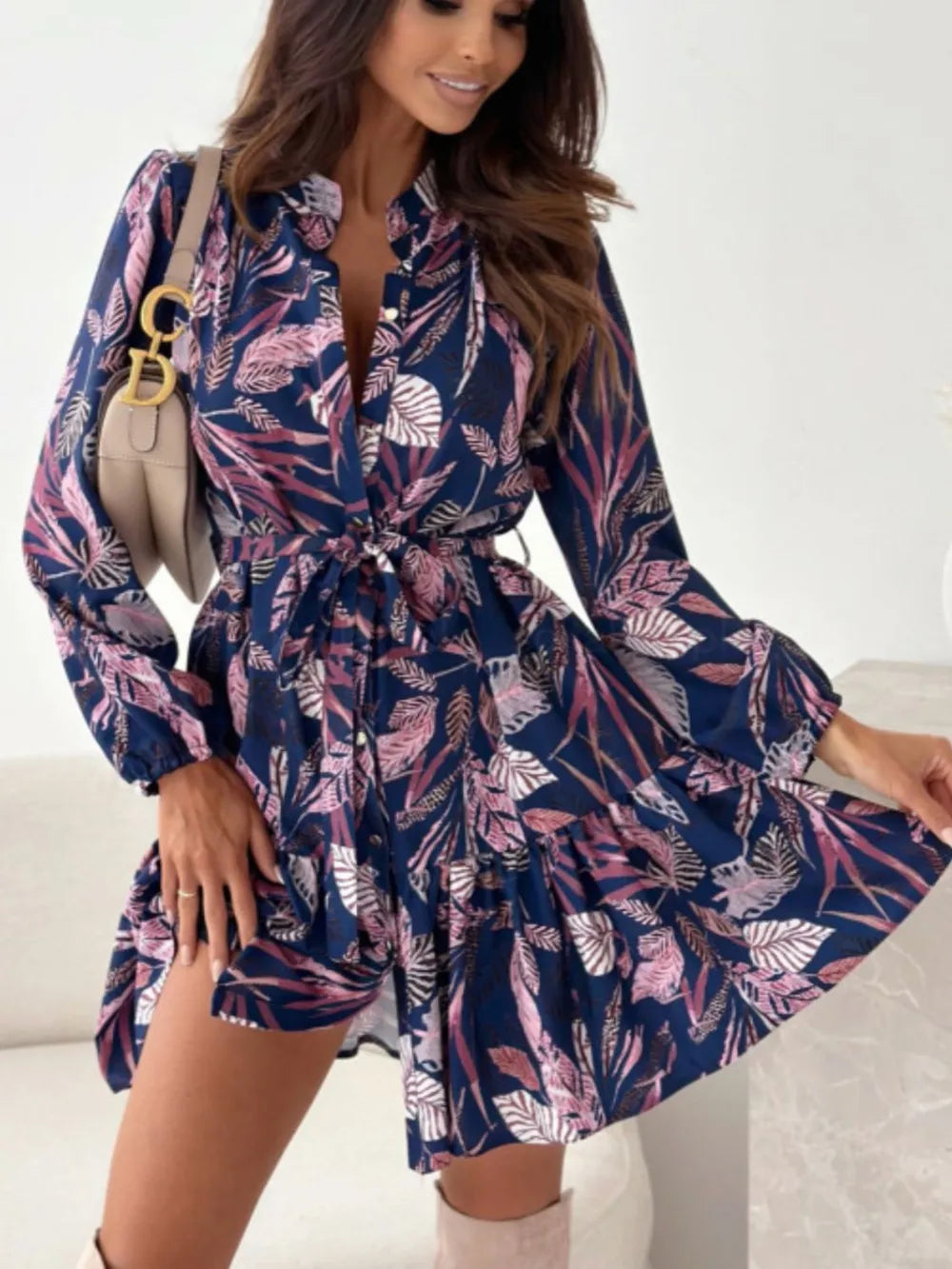 Ruffle Hem Floral Long Sleeve Dress – view 5 | Lola Mariee