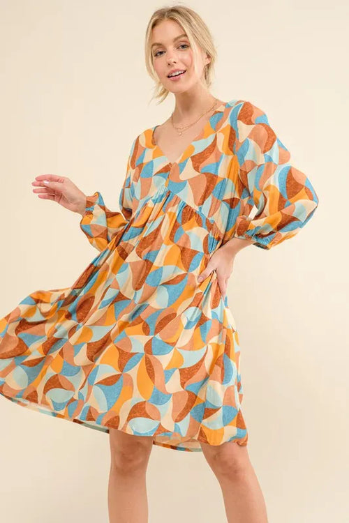 And The Why Printed Open Back Puff Sleeve Casual Dress – view 2 | Lola Mariee