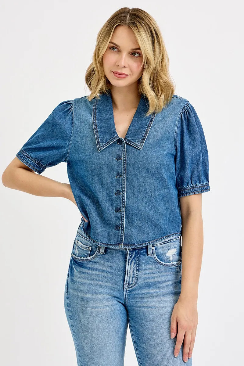RISEN Button Down Puff Sleeve Crop Denim Shirt - LOLA MARIEE | Lola Mariee