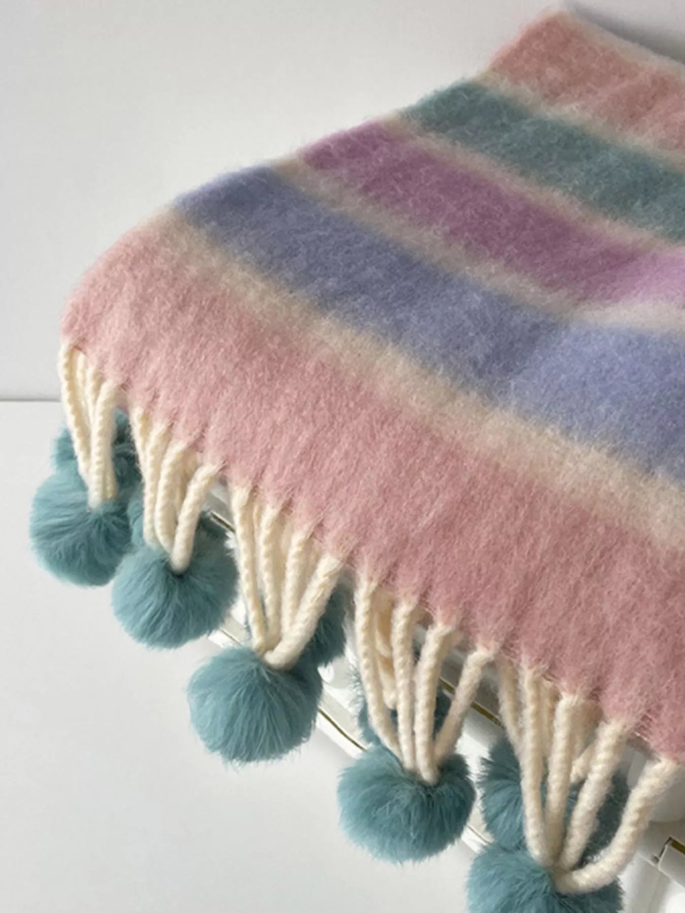 Rainbow Striped Fuzzy Scarf with Pom-Poms – view 6 | Lola Mariee