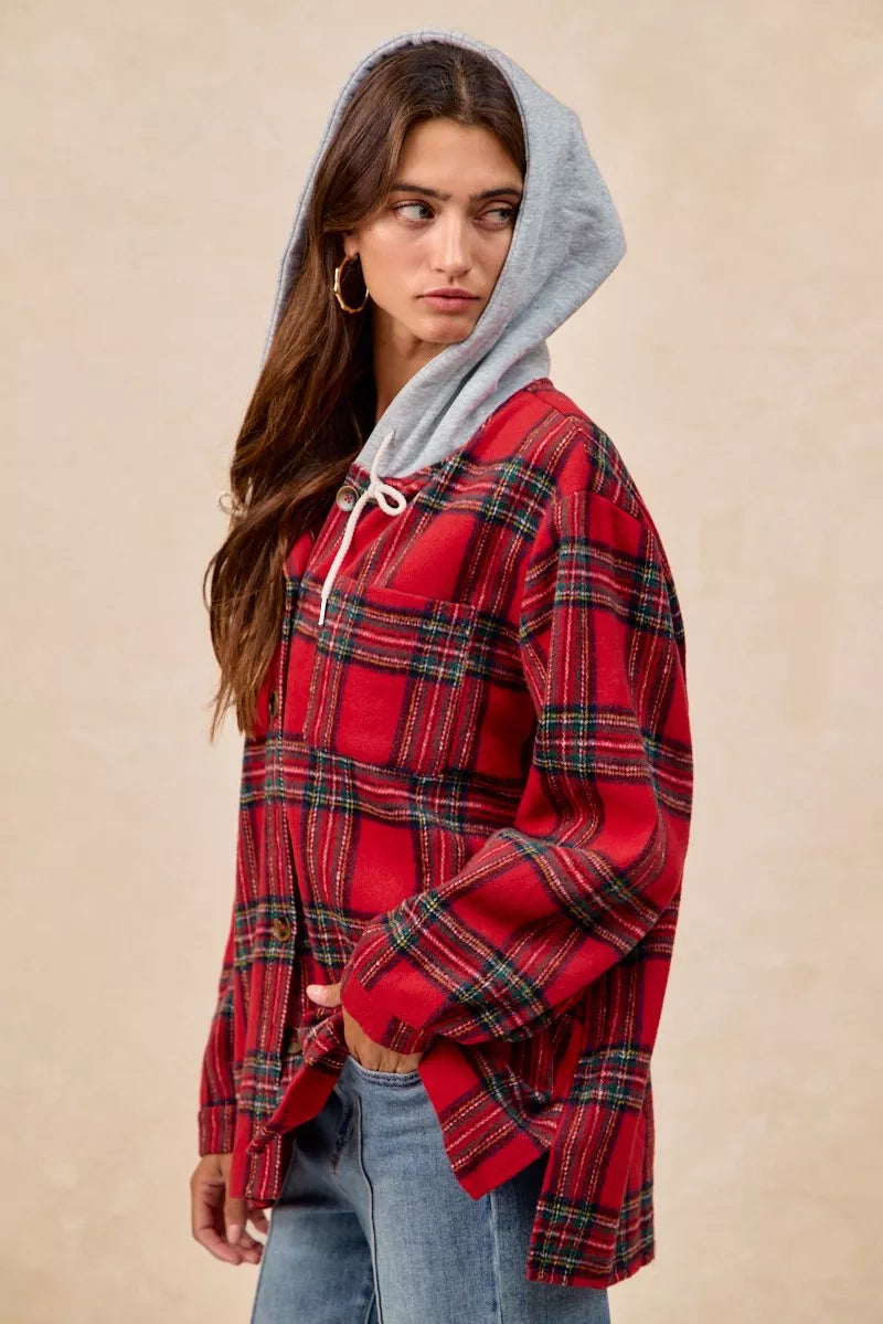 BiBi Brushed Plaid Hooded Jacket - Trendsi | Lola Mariee