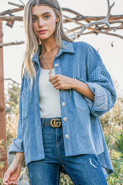 And The Why Button Down Corduroy Contrast Texture Long Sleeve Shacket | Lola Mariee