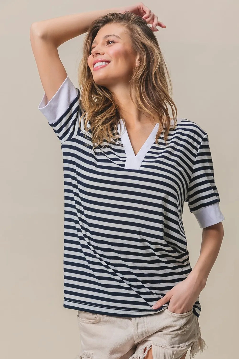 BiBi Contrast Striped Notched Knit Top - Trendsi | Lola Mariee