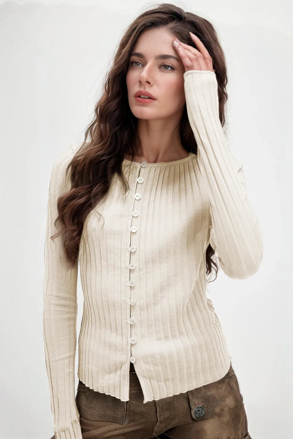 Basic Bae Texture Button Up Round Neck Long Sleeve Top – view 3 | Lola Mariee