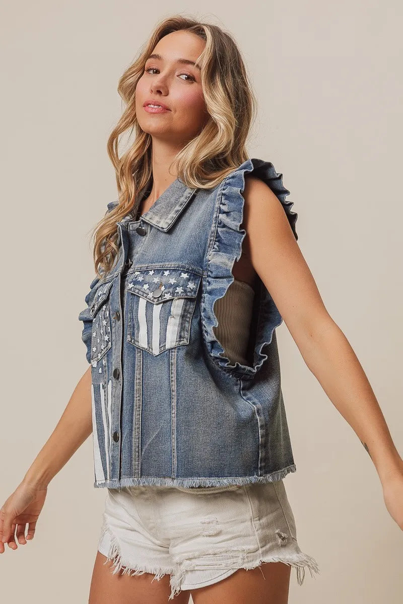 BiBi American Flag Washed Denim Jacket - Trendsi | Lola Mariee