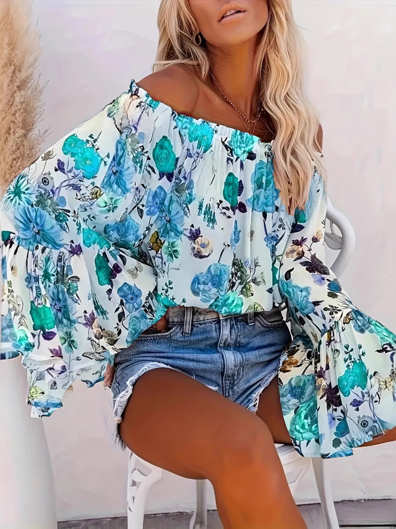 Full Size Floral Off-Shoulder Bell Sleeve Blouse Plus Size – view 10 | Lola Mariee