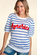 Haptics Letter Embroidery Striped Knit Top - women's top at Lola Mariee boutique