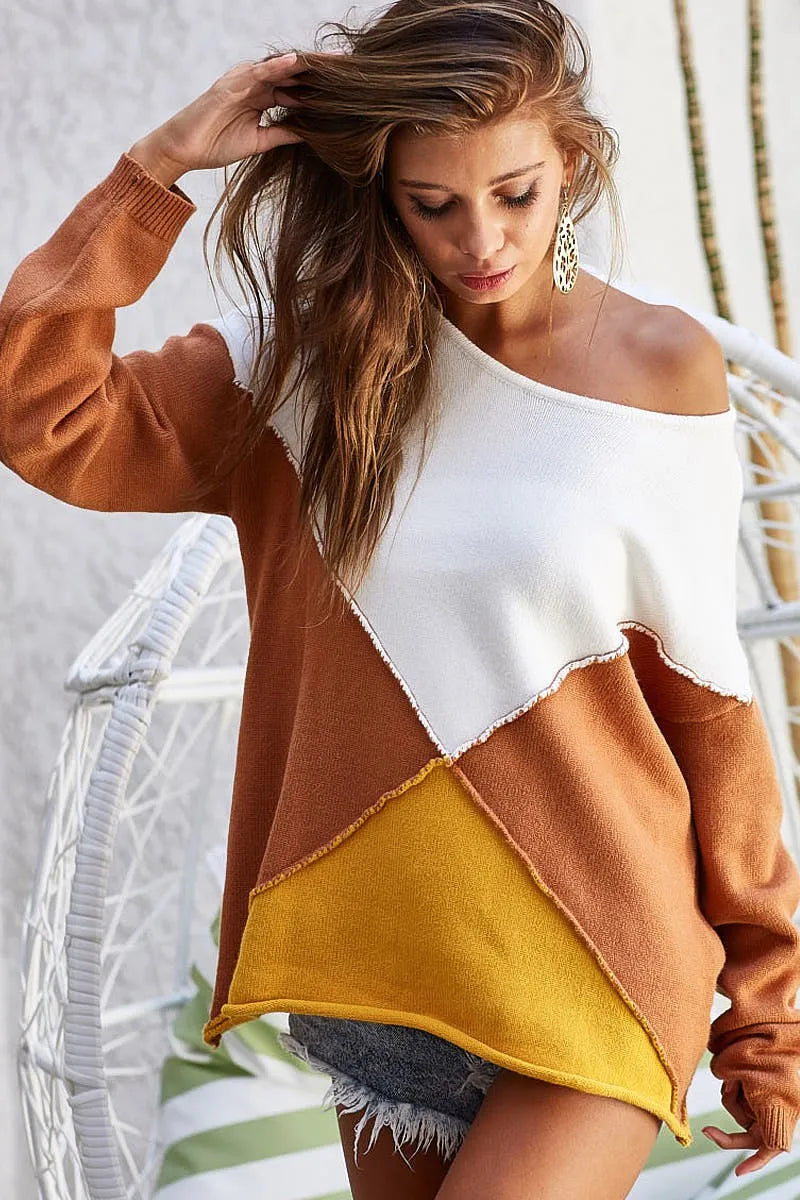 BiBi Color Block Geometric Sweater - Trendsi | Lola Mariee