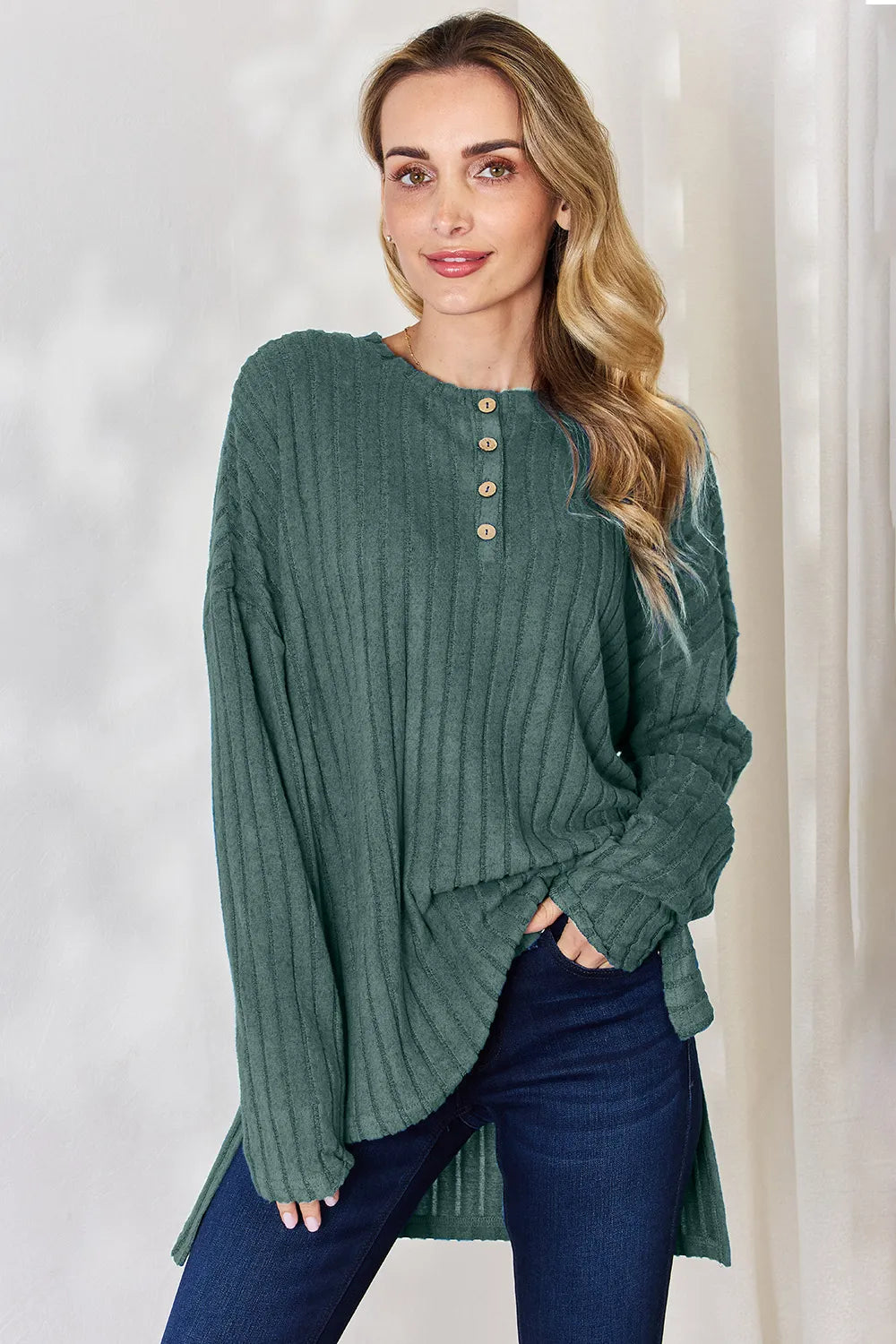Basic Bae Full Size Ribbed Half Button Long Sleeve High-Low T-Shirt – view 8 | Lola Mariee