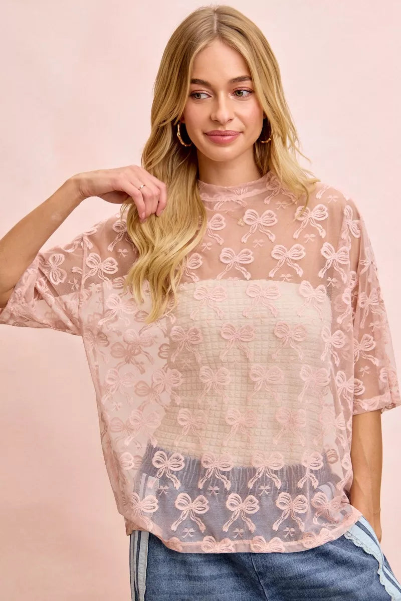 BiBi Bow Pattern Short Sleeves Boxy Mesh Top - Trendsi | Lola Mariee