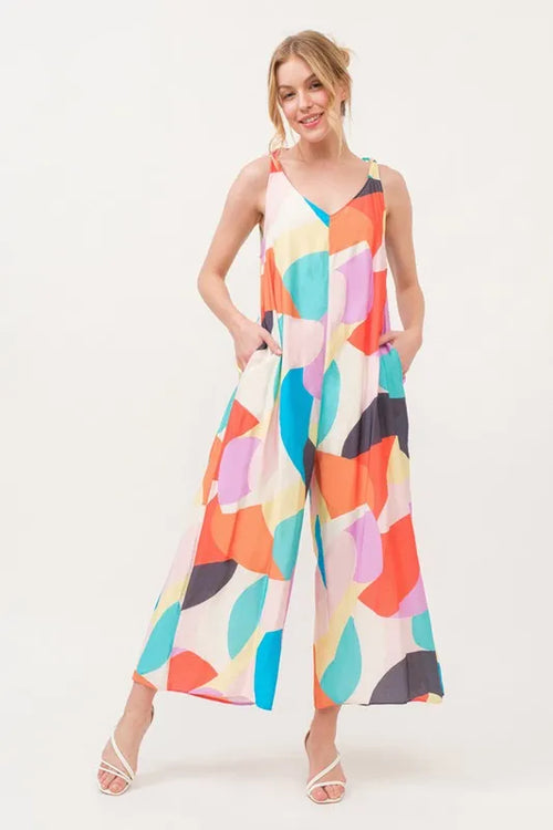 And The Why Tied Shoulder Straps Wide-Leg Geo Print Jumpsuit – view 2 | Lola Mariee