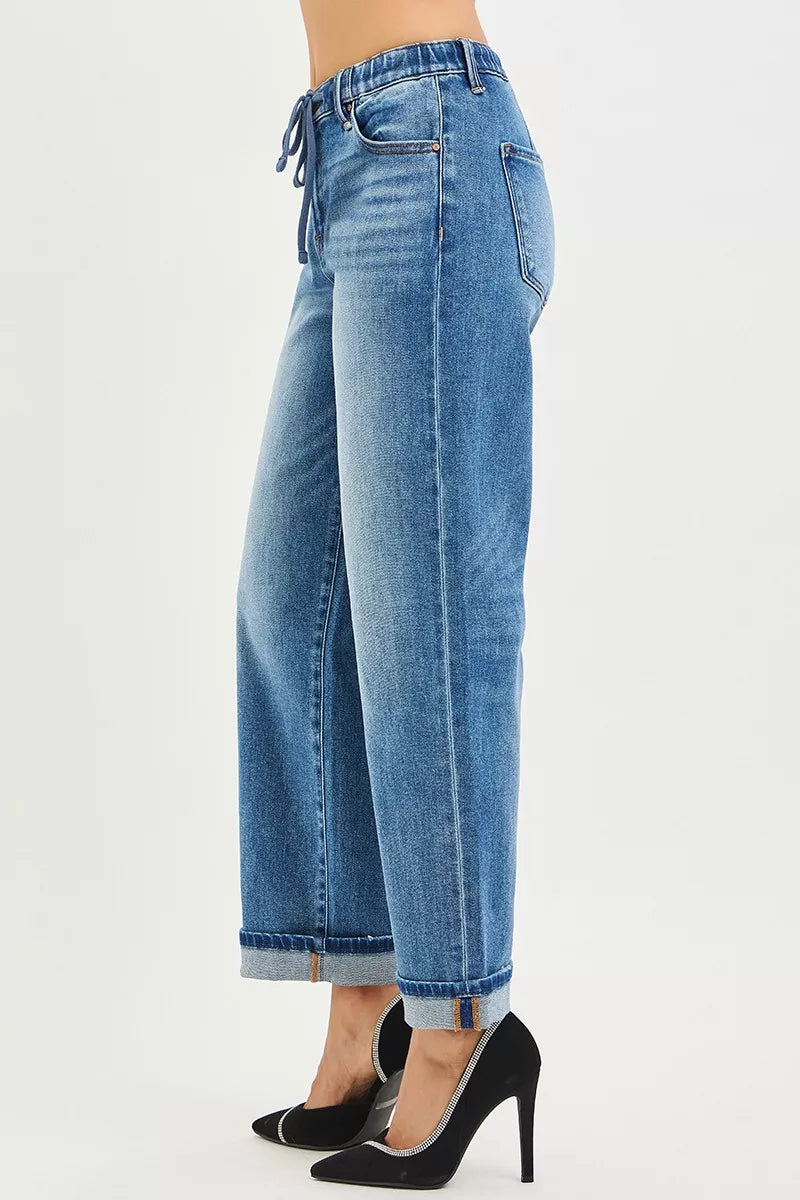 RISEN Elastic Band Slouch Ankle Boyfriend Cuffed Hem Jeans - LOLA MARIEE | Lola Mariee