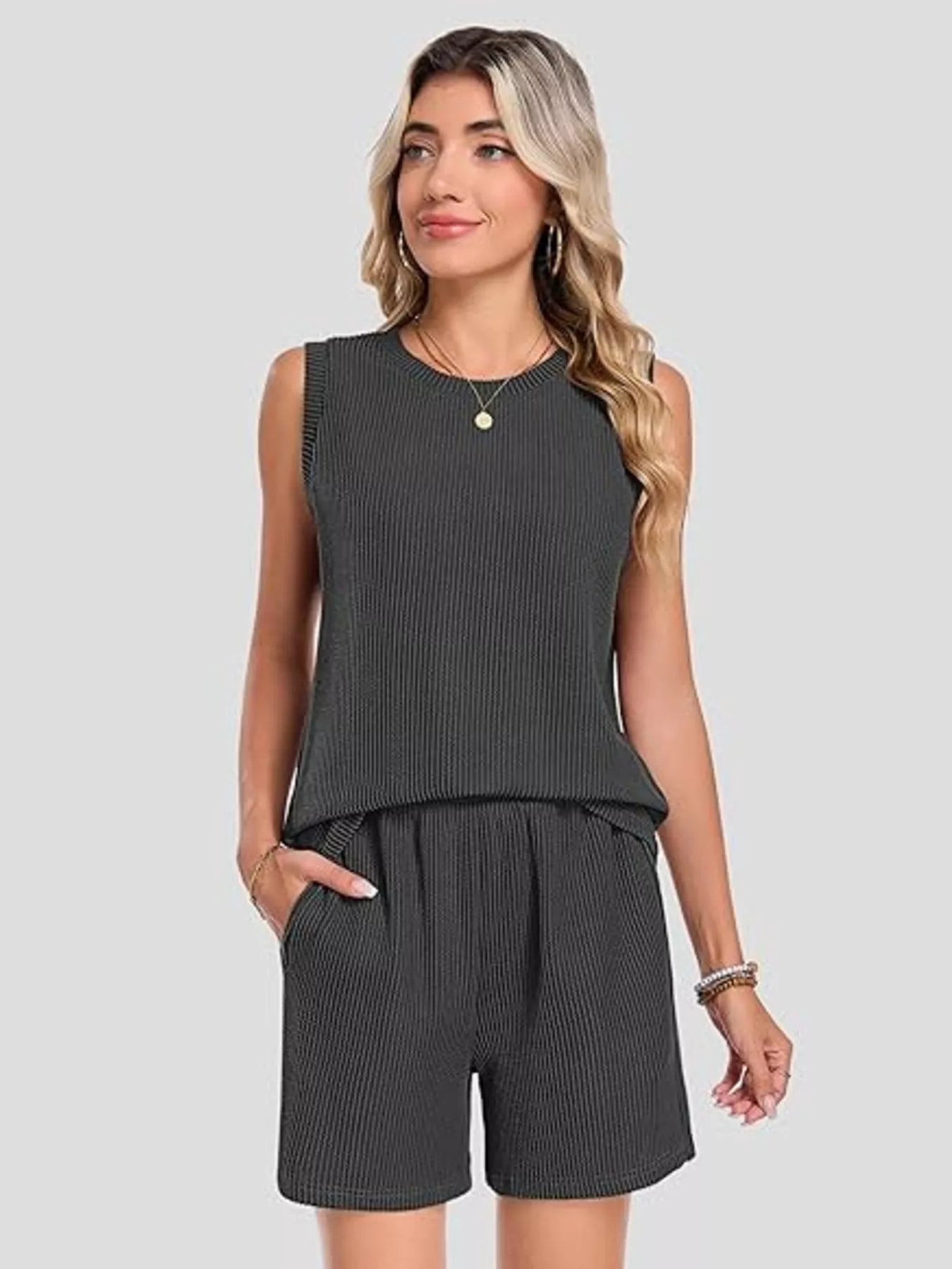 Casual Ribbed Knit Sleeveless Top and Shorts Set - Trendsi | Lola Mariee