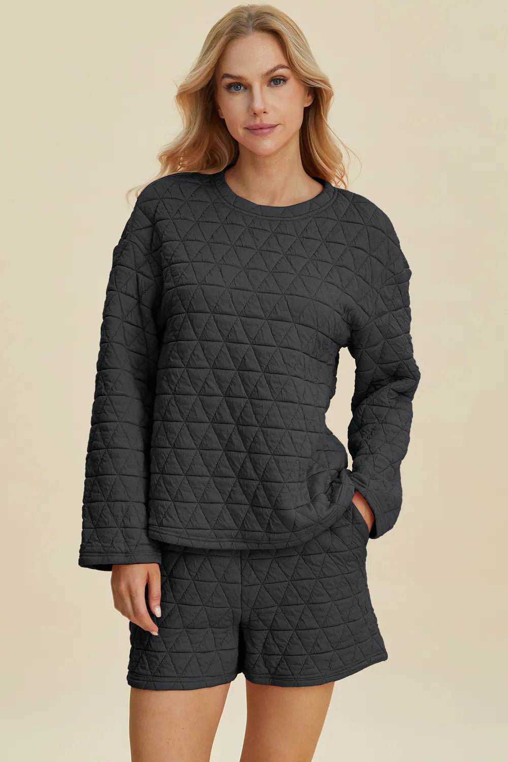 Double Take Full Size Texture Round Neck Long Sleeve Top and Shorts Set – view 9 | Lola Mariee