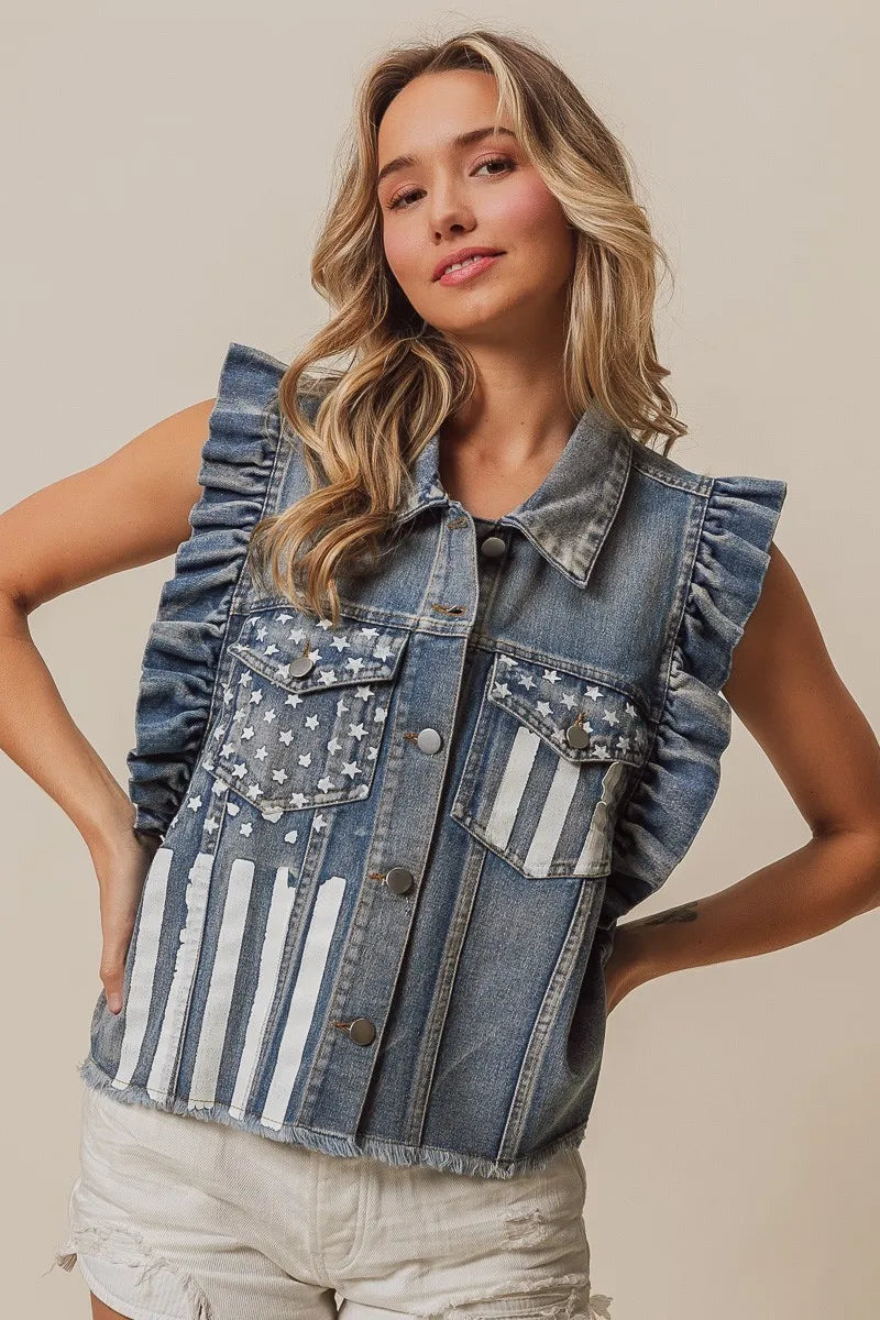 BiBi American Flag Washed Denim Jacket - Trendsi | Lola Mariee
