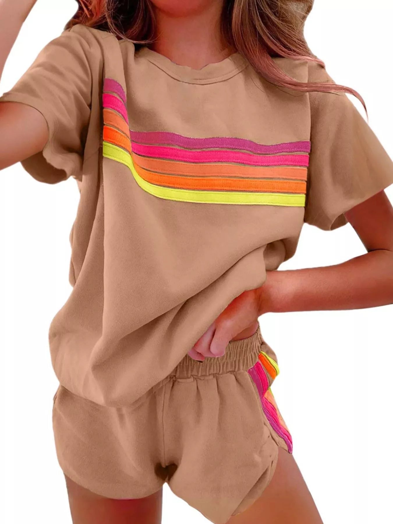 Rainbow Striped Round Neck Top and Shorts Set – view 7 | Lola Mariee