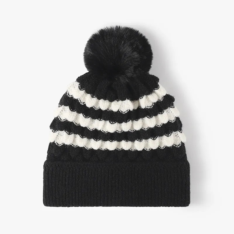 Striped Contrast Knit Hat with Pom-pom – view 3 | Lola Mariee