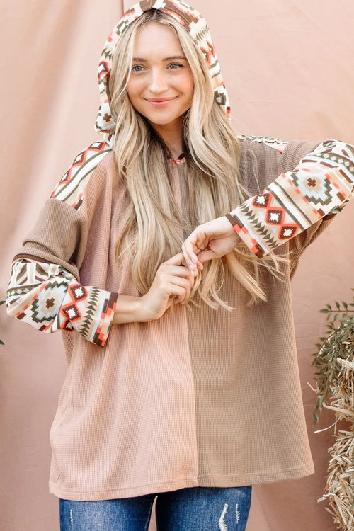And The Why Printed Color Block Hooded Waffle Top | Lola Mariee
