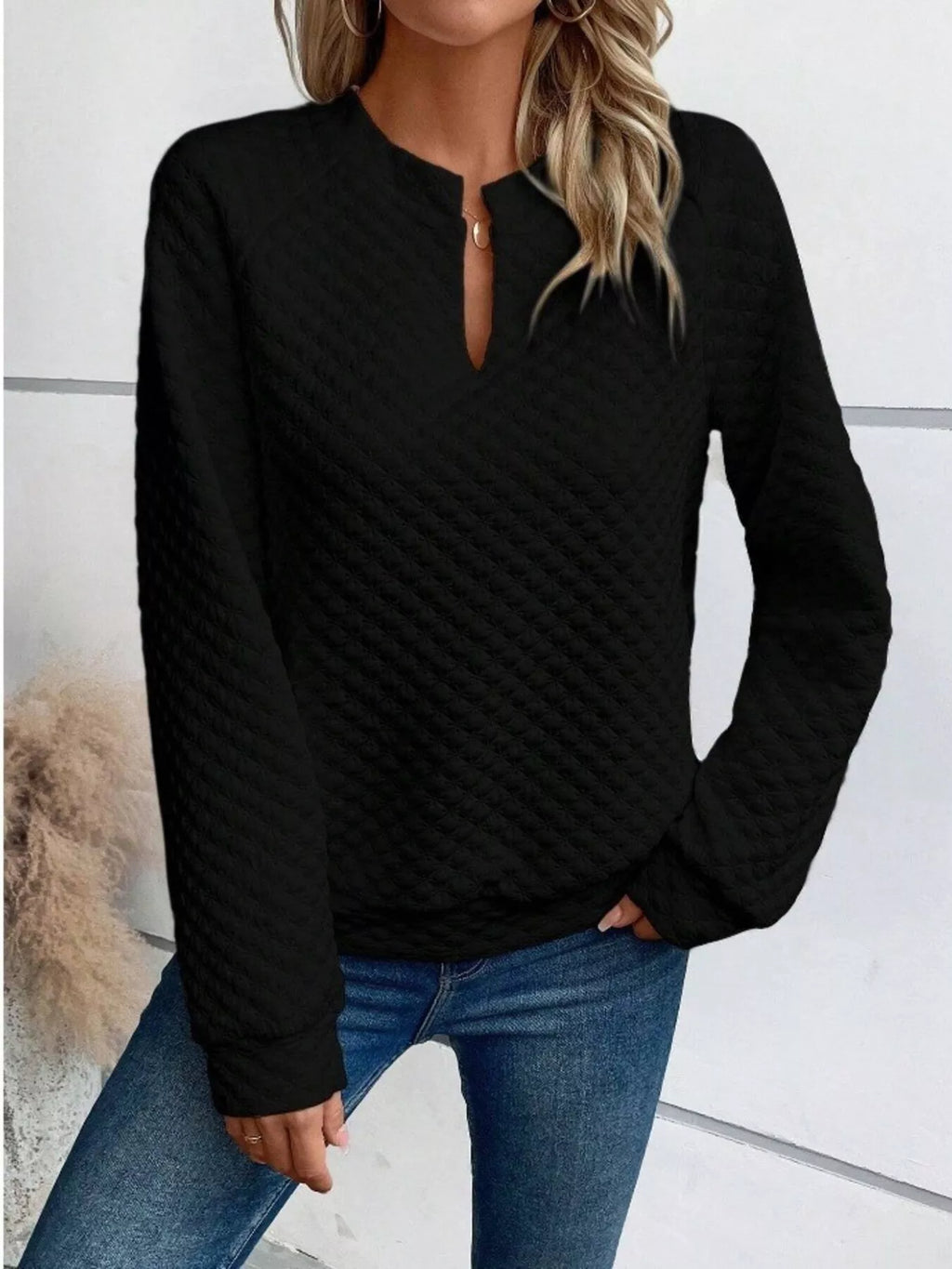 Textured Notched Raglan Sleeve Sweatshirt - Trendsi | Lola Mariee