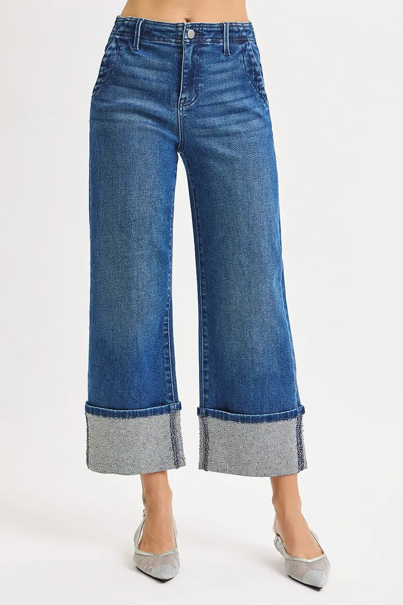 RISEN High Rise Ankle Wide Rhine Stone Cuffed Jeans - women's bottoms at Lola Mariee boutique