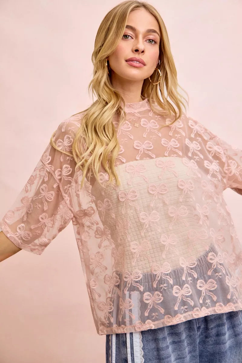BiBi Bow Pattern Short Sleeves Boxy Mesh Top - Trendsi | Lola Mariee