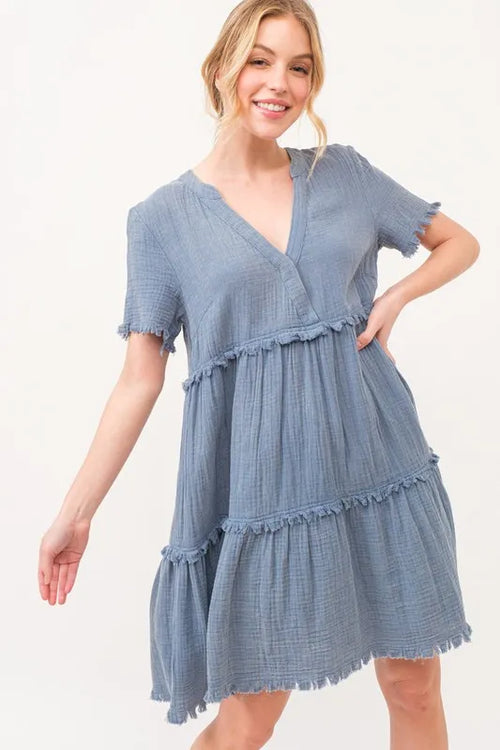 And The Why Washed Frayed Detail Tiered Dress – view 2 | Lola Mariee