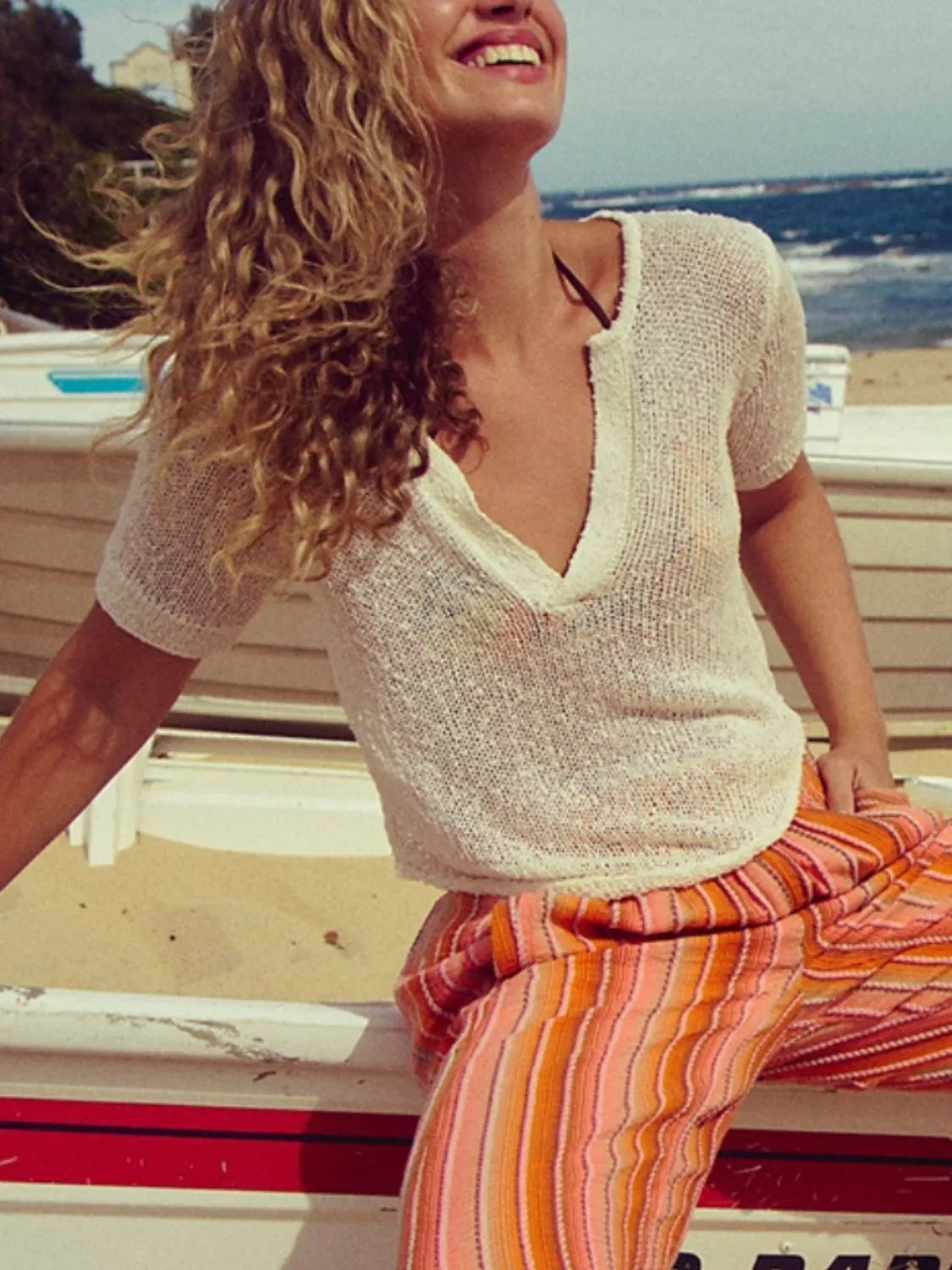 Notched Short Sleeve Knit Top – view 4 | Lola Mariee