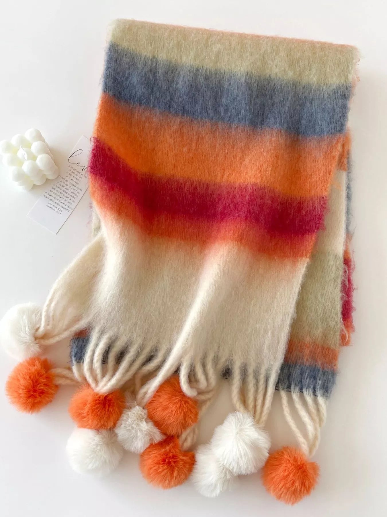 Rainbow Striped Fuzzy Scarf with Pom-Poms – view 5 | Lola Mariee