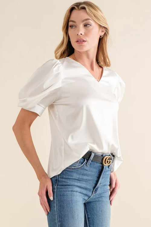And The Why Plain Satin Puff Shirring V Neck Blouse Top – view 2 | Lola Mariee