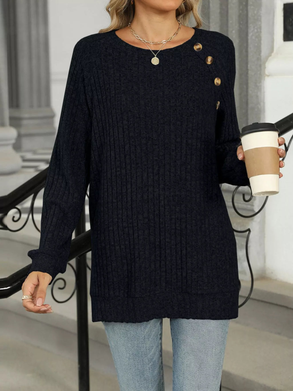 Round Neck Side Slit Ribbed Knit Top with Asymmetric Button Detail - Trendsi | Lola Mariee