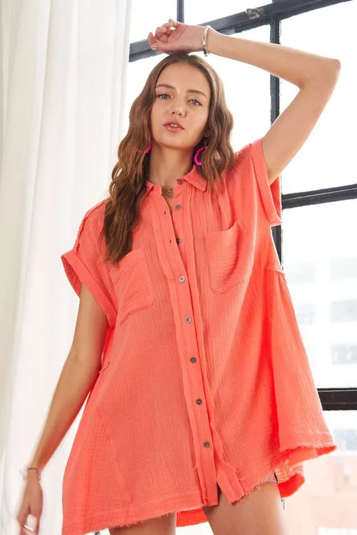 ADORA Raw Hem Collared Neck Button Down Shirt | Lola Mariee