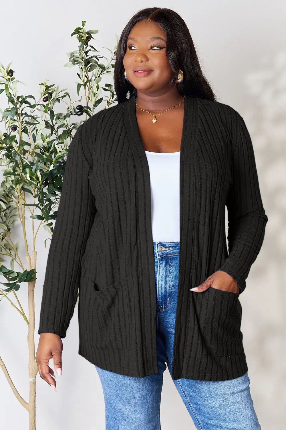 Basic Bae Full Size Ribbed Open Front Cardigan with Pockets – view 8 | Lola Mariee