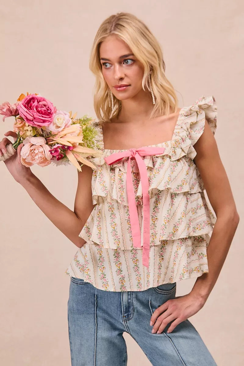 BiBi Floral Printed Woven Front Bow Tied Ruffled Square Neck Sleeveless Top - Trendsi | Lola Mariee