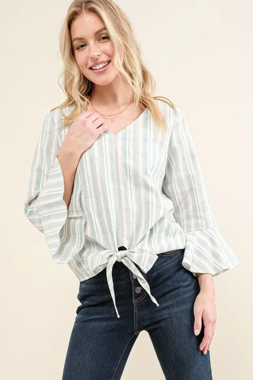 And The Why Stripe Tie Knot Front Bell Sleeve Top – view 2 | Lola Mariee