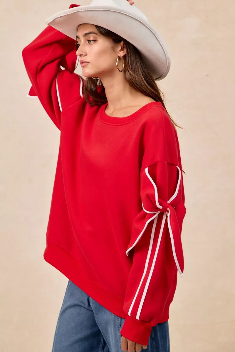 BiBi Bow Detail Sleeves Fleece Sweatshirt - Trendsi | Lola Mariee