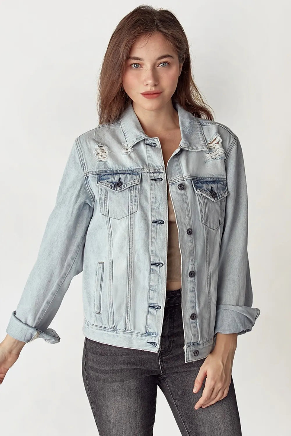 RISEN Distressed Button Up Jacket - LOLA MARIEE | Lola Mariee