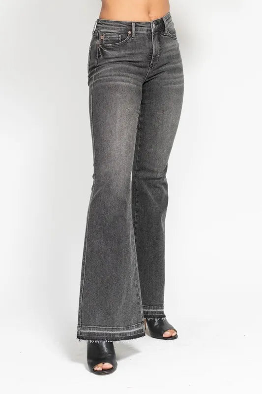 Judy Blue Full Size Mid Rise Tummy Control Washed Gray Release Hem Flare Jeans Plus Size - women's bottoms at Lola Mariee boutique