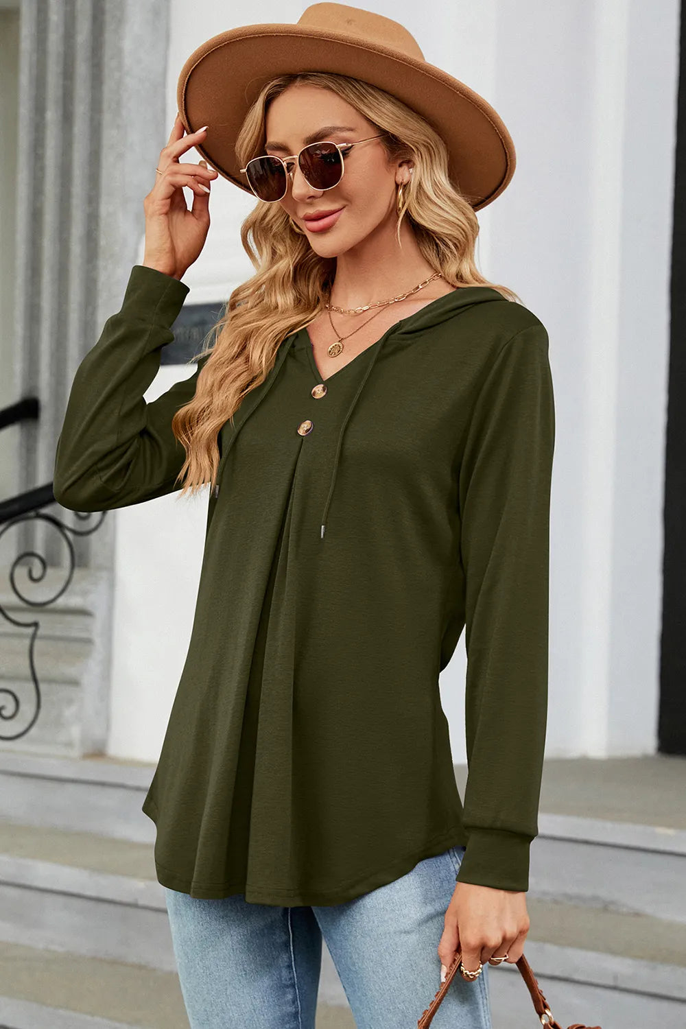 Decorative Button Drawstring Long Sleeve Hoodie - Trendsi | Lola Mariee