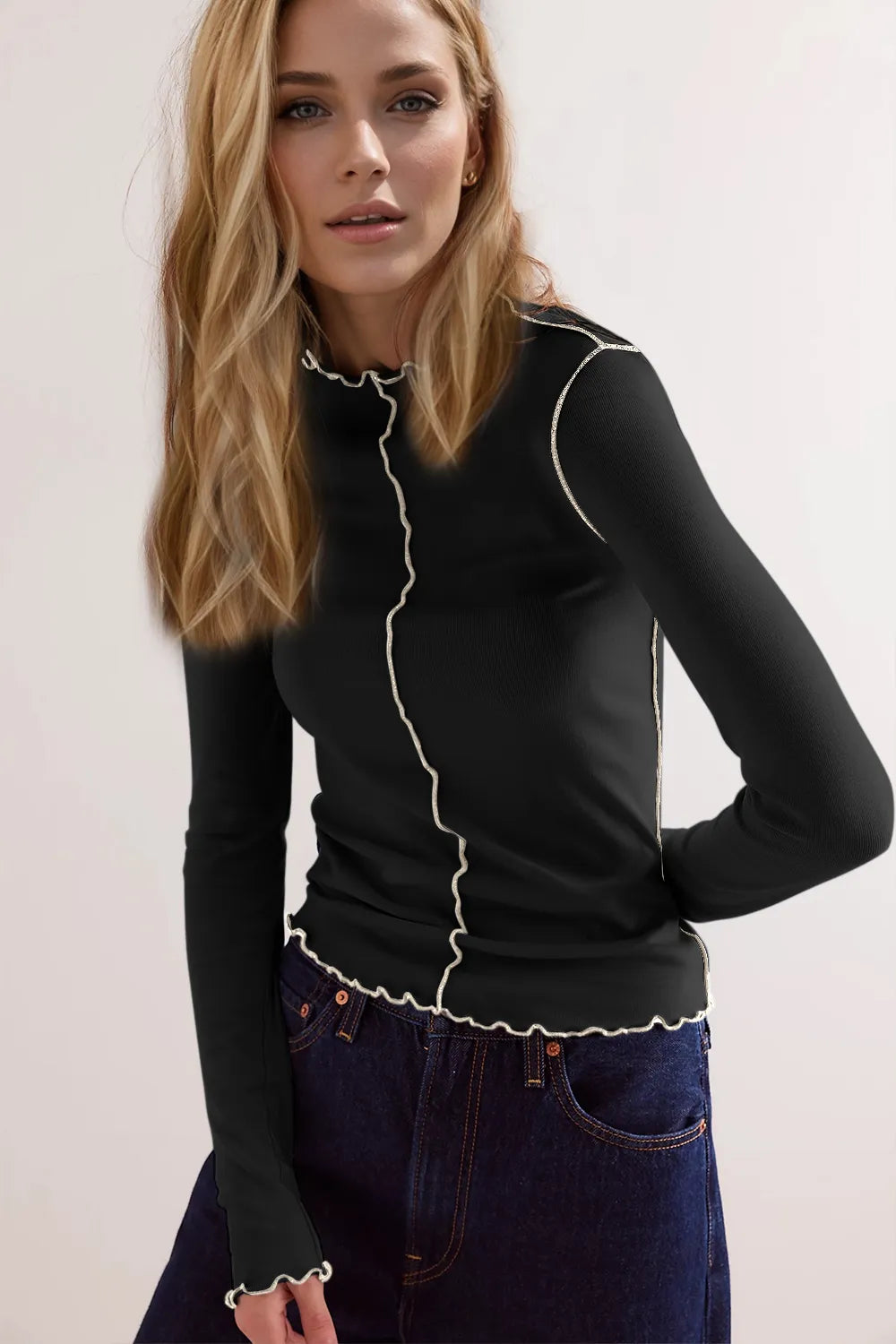 Basic Bae Contrast Trim Mock Neck Long Sleeve T-Shirt – view 4 | Lola Mariee
