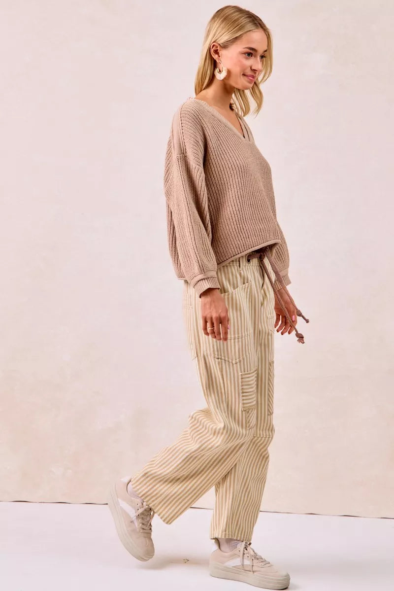 BiBi Drawstring Striped Twill Barrel Pants - Trendsi | Lola Mariee